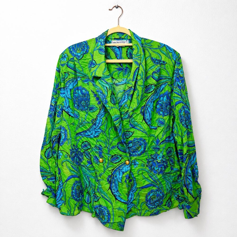 Breckenridge II Green Blue Floral Rayon Blazer Jacket Vintage 90s Plus Sz 24W